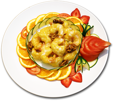Chinese restaurant food plate - Honey Walnut Prawn